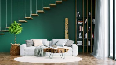 Işık duvarları, geniş pencereleri ve şık mobilyaları olan modern, güzel bir oda. İskandinav tarzında parlak bir tasarım. 3B görüntüleme