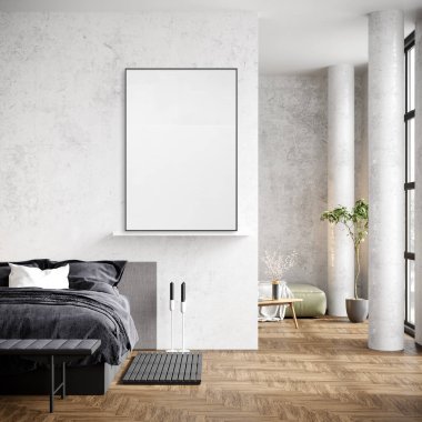 Modern iç plan, yatak odası, Boho - İskandinav tarzı, 3 boyutlu resim, 3 boyutlu resim