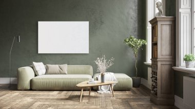 Poster çerçevesini modern iç plan, oturma odası, Boho - İskandinav tarzı, 3D çizim, 3D resim
