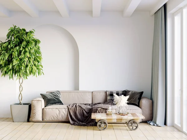 Moderno belo interior da sala com paredes claras, grandes janelas e mobiliário elegante. Design brilhante em estilo escandinavo. Renderização 3D — Fotografia de Stock
