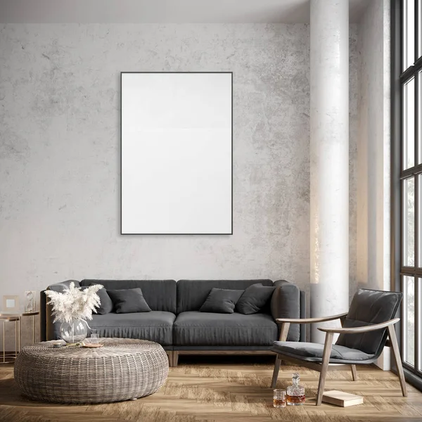 Simular el marco del cartel en el fondo interior moderno, sala de estar, Boho - estilo escandinavo, 3D render, ilustración 3D — Foto de Stock