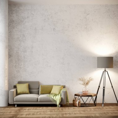 Işık duvarları ve rahat mobilyaları olan modern bir oda. 3B hazırlayıcı