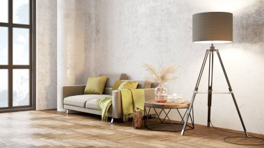 Sütunları, beyaz duvarları, geniş pencereleri, yüksek tavanı ve şık mobilyaları olan modern, güzel bir iç mekan. Parlak çatı katı tasarımı. 3B görüntüleme