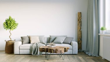 Modern bir odanın güzel iç mekanı. Parlak ve temiz tasarım. Büyük bir pencerenin yanında duran bir kanepe. 3B görüntüleme