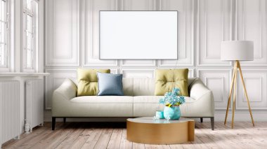 Boş bir tablosu olan modern bir oda. Kanepe, geniş pencere, ahşap zemin ve duvar. Temiz iç tasarım çizgileri. 3B görüntüleme