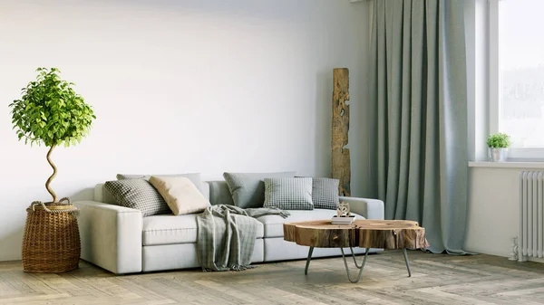 Bellissimo interno di una camera moderna. Design luminoso e pulito. Un divano in piedi vicino a una grande finestra sullo sfondo di una parete. Rendering 3D — Foto Stock