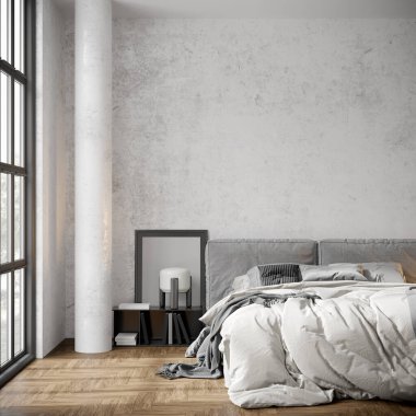 Işık duvarları ve rahat mobilyaları olan modern bir oda. 3B hazırlayıcı