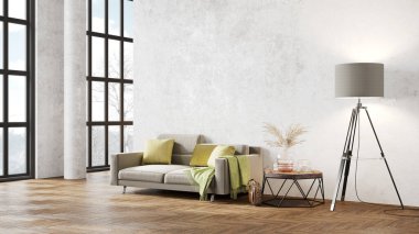 Sütunları, beyaz duvarları, geniş pencereleri, yüksek tavanı ve şık mobilyaları olan modern, güzel bir iç mekan. Parlak çatı katı tasarımı. 3B görüntüleme