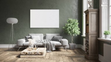 Poster çerçevesini modern iç plan, oturma odası, Boho - İskandinav tarzı, 3D çizim, 3D resim