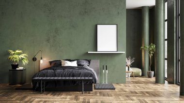 Sütunları, renkli duvarları ve şık mobilyaları olan modern, güzel bir iç mekan. Parlak çatı katı tasarımı. 3B görüntüleme