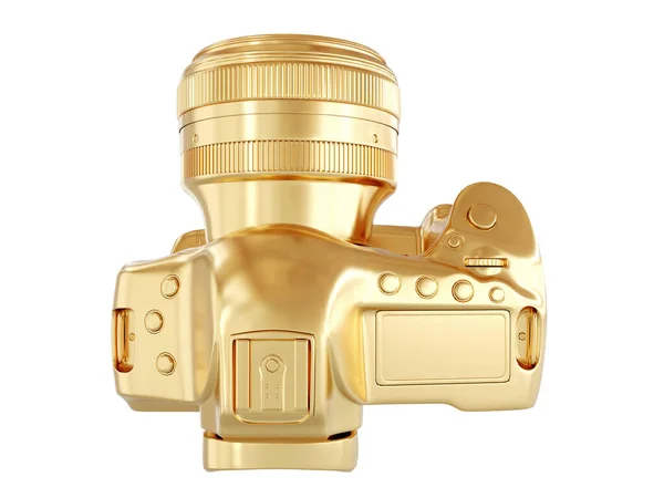 Una macchina fotografica dorata su sfondo bianco. Rendering 3D — Foto Stock
