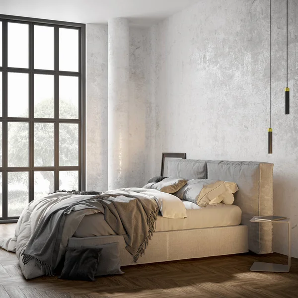 Stijlvol modern interieur van de kamer met lichte muren en comfortabele meubels. 3D-renderer — Stockfoto