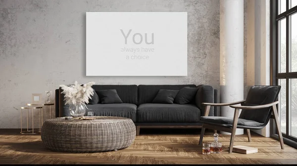 Finta cornice poster in moderno sfondo interno, soggiorno, Boho - stile scandinavo, rendering 3D, illustrazione 3D — Foto Stock