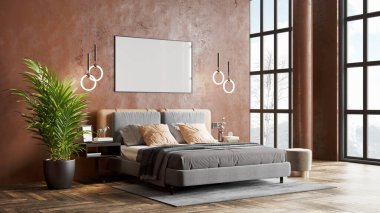 Sütunları, renkli duvarları ve şık mobilyaları olan modern, güzel bir iç mekan. Parlak çatı katı tasarımı. 3B görüntüleme