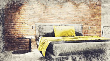 Renkli duvarları, geniş pencereleri ve şık mobilyaları olan modern, güzel bir oda. Görüntü bir yağlı boya tablo gibi stilize edilmiştir. Parlak ve şık bir tasarım. 3B görüntüleme