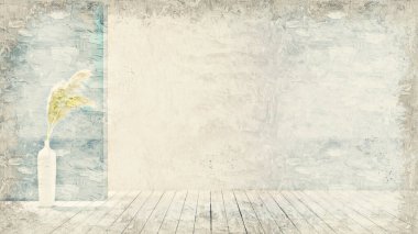 Renkli duvarları, geniş pencereleri ve şık mobilyaları olan modern, güzel bir oda. Görüntü bir yağlı boya tablo gibi stilize edilmiştir. Parlak ve şık bir tasarım. 3B görüntüleme