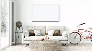 Boş bir tablosu olan modern bir oda. Kanepe, geniş pencere, ahşap zemin ve duvar. Temiz iç tasarım çizgileri. 3B görüntüleme