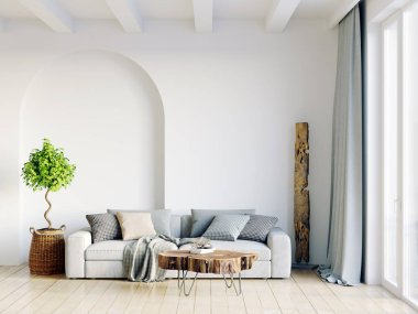 Işık duvarları, geniş pencereleri ve şık mobilyaları olan modern, güzel bir oda. İskandinav tarzında parlak bir tasarım. 3B görüntüleme