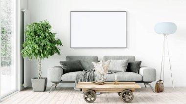 Boş bir tablosu olan modern bir oda. Kanepe, geniş pencere, ahşap zemin ve duvar. Temiz iç tasarım çizgileri. 3B görüntüleme