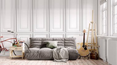 Modern bir odanın güzel iç mekanı. Parlak ve temiz tasarım. Büyük bir pencerenin yanında duran bir kanepe. 3B görüntüleme