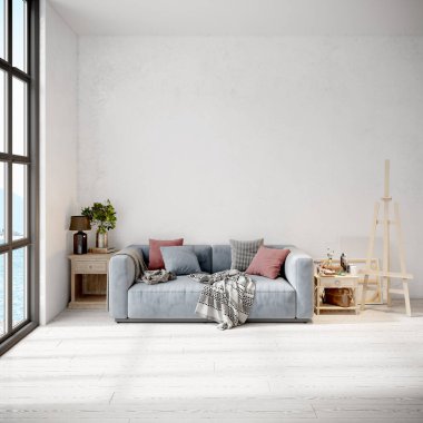 Beyaz bir duvarı, halısı ve şık bir kanepesi olan modern, güzel bir iç mekan. Hafif İskandinav tasarımı. 3B görüntüleme