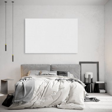 Modern iç plan, yatak odası, Boho - İskandinav tarzı, 3 boyutlu resim, 3 boyutlu resim