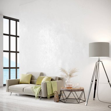 Beyaz bir duvarı, halısı ve şık bir kanepesi olan modern, güzel bir iç mekan. Hafif İskandinav tasarımı. 3B görüntüleme