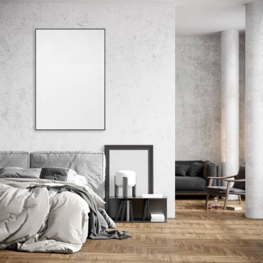 Modern iç plan, yatak odası, Boho - İskandinav tarzı, 3 boyutlu resim, 3 boyutlu resim