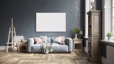 Poster çerçevesini modern iç plan, oturma odası, Boho - İskandinav tarzı, 3D çizim, 3D resim