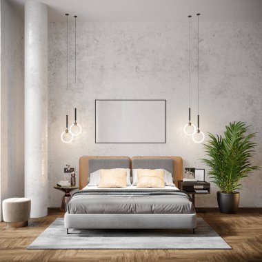 Işık duvarları ve rahat mobilyaları olan modern bir oda. 3B hazırlayıcı