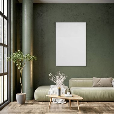 Poster çerçevesini modern iç plan, oturma odası, Boho - İskandinav tarzı, 3D çizim, 3D resim