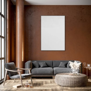 Poster çerçevesini modern iç plan, oturma odası, Boho - İskandinav tarzı, 3D çizim, 3D resim