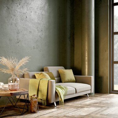 Güzel mobilyaları olan modern bir oda. 3B hazırlayıcı