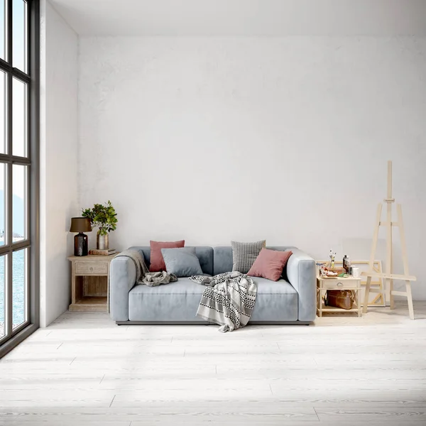 Bel intérieur moderne avec un mur blanc, tapis et un canapé élégant. Design scandinave léger. rendu 3D — Photo