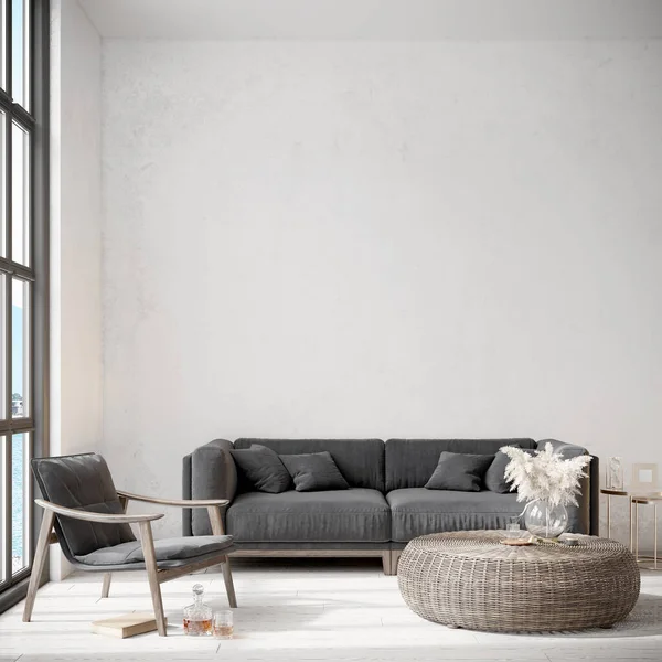 Moderno hermoso interior con una pared blanca, alfombra y un elegante sofá. Diseño escandinavo ligero. Renderizado 3D — Foto de Stock