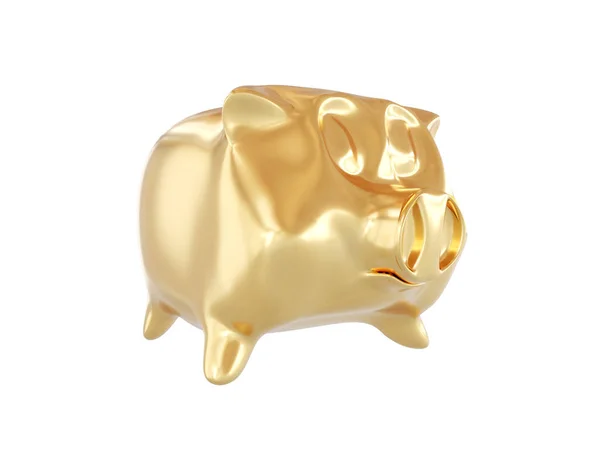 Piggy bank luxus zlatý s mincí přes to. Koncept financování peněz. Izolované na bílém pozadí. . 3D vykreslení — Stock fotografie