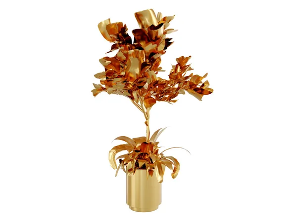 白い背景に断熱鍋に黄金の植物の概念。3Dレンダリング — ストック写真