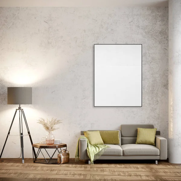 Mock up affisch ram i modern interiör bakgrund, vardagsrum, Boho - skandinavisk stil, 3D render, 3D-illustration — Stockfoto