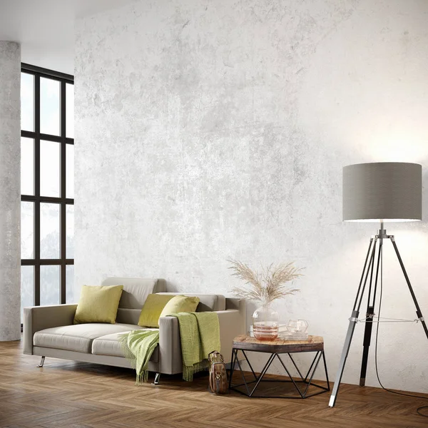 Stilvolles, modernes Interieur mit hellen Wänden und komfortablen Möbeln. 3D-Renderer — Stockfoto