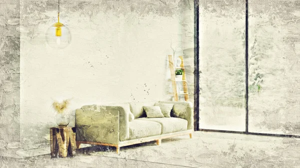 A szoba modern, gyönyörű belseje színes falakkal, nagy ablakokkal és stílusos bútorokkal. A kép stilizált, mint egy olajfestmény. Fényes és elegáns design. 3D renderelés — Stock Fotó