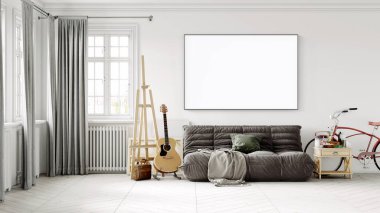 Boş bir tablosu olan modern bir oda. Kanepe, geniş pencere, ahşap zemin ve duvar. Temiz iç tasarım çizgileri. 3B görüntüleme