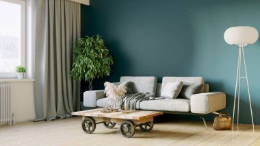 Modern bir odanın güzel iç mekanı. Parlak ve temiz tasarım. Büyük bir pencerenin yanında duran bir kanepe. 3B görüntüleme