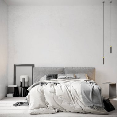 Işık duvarları ve rahat mobilyaları olan modern bir oda. 3B hazırlayıcı