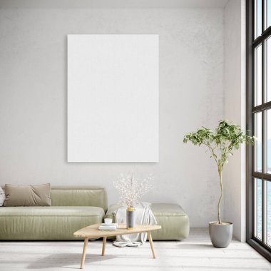 Poster çerçevesini modern iç plan, oturma odası, Boho - İskandinav tarzı, 3D çizim, 3D resim