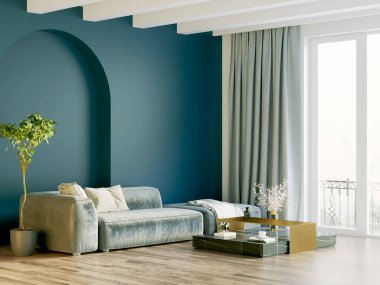 Işık duvarları, geniş pencereleri ve şık mobilyaları olan modern, güzel bir oda. İskandinav tarzında parlak bir tasarım. 3B görüntüleme