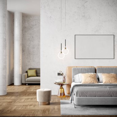 Işık duvarları ve rahat mobilyaları olan modern bir oda. 3B hazırlayıcı