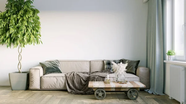 Belo interior de um quarto moderno. Design brilhante e limpo. Um sofá junto a uma grande janela contra um fundo de parede. Renderização 3D — Fotografia de Stock