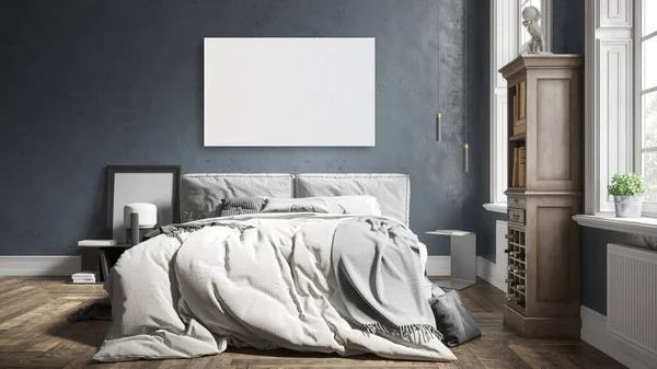 Maqueta de marco de póster en el fondo interior moderno, dormitorio, Boho - estilo escandinavo, 3D render, ilustración 3D — Foto de Stock