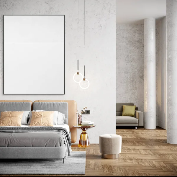 Maqueta de marco de póster en el fondo interior moderno, dormitorio, Boho - estilo escandinavo, 3D render, ilustración 3D — Foto de Stock