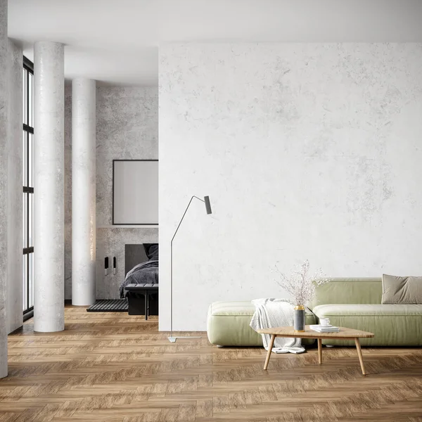 Élégant intérieur moderne de la chambre avec des murs clairs et des meubles confortables. Rendeur 3D — Photo